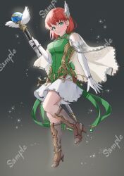 1girl boots breasts brown_boots cape commission elbow_gloves fire_emblem fire_emblem:_the_blazing_blade full_body gloves gradient_background green_eyes green_shirt grey_background hair_ornament highres holding holding_staff large_breasts looking_at_viewer mugitoro_(dsfv2277) nintendo priscilla_(fire_emblem) red_hair shirt short_hair skeb_commission skirt smile solo staff watermark white_cape white_gloves white_skirt wing_hair_ornament