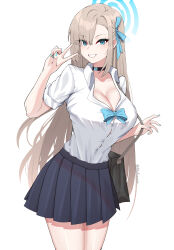 1girl absurdres alfakronoxis asuna_(blue_archive) asuna_(school_uniform)_(blue_archive) asymmetrical_bangs bag black_bag black_choker blonde_hair blue_archive blue_eyes blue_halo blue_nails blue_ribbon breasts choker collared_shirt dress dress_shirt hair_over_one_eye halo hand_up highres large_breasts long_hair looking_at_viewer nail_polish official_alternate_costume pleated_skirt ribbon school_uniform shirt shoulder_bag simple_background skirt smile white_background white_shirt