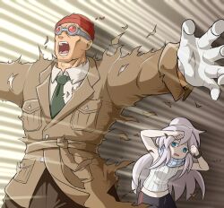 Rule 34 | 1boy, 1girl, bask om, beanie, blue eyes, bracelet, deux murasame, dragon ball, dragonball z, gloves, goggles, grey hair, gundam, gundam 0083, gundam gquuuuuux, hat, in-franchise crossover, jacket, jewelry, long hair, necktie, open mouth, pants, parody, protecting, saisyuusensi, scarf, scene reference, shirt, teeth, torn clothes, zeta gundam