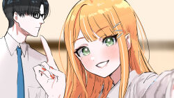 1boy 1girl black-framed_eyewear black_hair blue_necktie blush commentary_request fingernails gakuen_idolmaster glasses idolmaster kasasagi_(futagodori888) long_hair mole mole_under_eye nail_polish necktie orange_hair pointing producer_(idolmaster) selfie shirt shiun_sumika smile straight_hair upper_body white_shirt