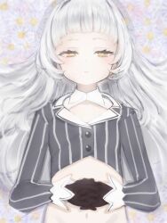 Rule 34 | 1girl, absurdres, black gloves, black shirt, gloves, grey hair, highres, hololive, interlocked fingers, long hair, lying, murasaki shion, murasaki shion (1st costume), nanashi (nlo), navel, on back, pinstripe pattern, pinstripe shirt, shirt, solo, striped clothes, striped shirt, virtual youtuber, yellow eyes