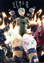 1girl 2boys @_@ battle_damage beard beaten blonde_hair blue_eyes building challia_bull commentary_request damaged deux_murasame facial_hair freckles gates_capa green_eyes green_hair gun gundam gundam_gquuuuuux hair_bun hair_ornament hambrabi highres jacket kikeroga_(gquuuuuux) long_hair mecha mecha_pilot_suit military_jacket military_uniform mobile_suit multiple_boys mustache normal_suit_(gundam) open_mouth psyco_gundam_(gquuuuuux) robot rope ruins ryokasaka science_fiction short_hair squiggle translation_request v-fin weapon white_hair x_mouth