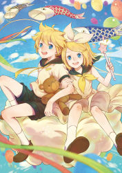 1boy 1girl ayame_(artist) bad_id bad_pixiv_id balloon blonde_hair blue_eyes brother_and_sister cloud dress hair_ornament hair_ribbon hairclip highres kagamine_len kagamine_rin kite koinobori looking_at_viewer necktie open_mouth ribbon short_hair shorts siblings smile stuffed_animal stuffed_toy teddy_bear twins vocaloid wand windsock yellow_necktie