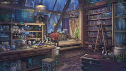 beaker book bookshelf ceiling_light chemistry city_lights cityscape cyberpunk drawer first_aid_kit flask highres indoors ladder mitsuki_(yu_hsiang_yi) night night_sky no_humans notes open_book original plant potted_plant quill railing rug scenery science_fiction sky stairs test_tube treasure_chest wooden_floor
