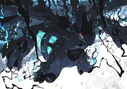 aomon_(yuuji7604) black_lightning blue_eyes claws closed_mouth colored_sclera dragon electricity full_body gen_5_pokemon highres legendary_pokemon looking_ahead nintendo no_humans pokemon pokemon_(creature) pokemon_focus red_sclera slit_pupils solo tail white_background wings zekrom zekrom_(overdrive)
