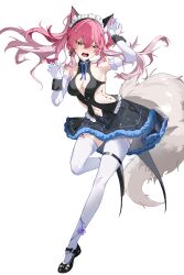 1girl absurdres alternate_costume armpits black_dress breasts commentary_request dress earrings elbow_gloves full_body gloves hair_ornament highres jewelry large_breasts long_hair looking_at_viewer lupa_(wuthering_waves) maid_headdress mary_janes open_mouth paw_pose pink_hair shoes simple_background solo tacet_mark_(wuthering_waves) tail thighhighs twintails v-shaped_eyebrows weinayi white_background white_gloves white_hair white_thighhighs wolf_tail wuthering_waves yellow_eyes