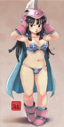 Rule 34 | 1girl, armor, armpits, bikini armor, black eyes, black hair, boots, breasts, cape, chi-chi (dragon ball), cleavage, collarbone, dragon ball, female focus, gloves, groin, helmet, long hair, navel, pink boots, skindentation, solo, yae no sumire