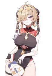 1girl absurdres between_breasts black_dress blonde_hair blush breasts china_dress chinese_clothes clothing_cutout covered_navel cutout_above_navel dress eyewear_on_head from_below hair_over_one_eye hand_fan hand_on_own_hip highres inset_border large_breasts looking_at_viewer pelvic_curtain purple_eyes short_hair solo sunglasses sweety_(zenless_zone_zero) taiyaki12 tinted_eyewear underboob_cutout yellow-tinted_eyewear zenless_zone_zero