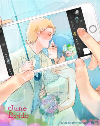 Rule 34 | 1girl, blue hair, bouquet, cellphone, closed eyes, couple, dress, flores, flower, formal clothes, hair flower, hair ornament, hetero, holding, holding bouquet, holding phone, holding umbrella, husband and wife, konan (naruto), long sleeves, meitarou, naruto (series), naruto shippuuden, phone, rain, smartphone, suit, taking picture, umbrella, white dress, white suit, yahiko (naruto)