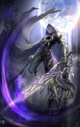 1boy armored_boots black_cloak black_pants black_shirt blue_eyes boots chinese_commentary clawed_gauntlets cloak commentary_request flame_reaver_of_the_deepest_dark floating_cape hair_between_eyes highres holding holding_sword holding_weapon honkai:_star_rail honkai_(series) hood hood_up hooded_cloak litsowk0727 looking_down male_focus moon pants phainon_(honkai:_star_rail) shirt short_hair solo sword twitter_username weapon white_hair