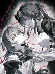 Rule 34 | 2girls, breasts, chinese commentary, collared shirt, commentary request, eye contact, eyewear on head, gloves, greyscale, hand on another&#039;s neck, highres, honkai: star rail, honkai (series), jacket, kafka (honkai: star rail), large breasts, long hair, long sleeves, looking at another, monochrome, multiple girls, off-shoulder shirt, off shoulder, open clothes, open jacket, parted lips, ponytail, profile, shirt, silk, smile, spider web, spot color, stelle (honkai: star rail), sunglasses, trailblazer (honkai: star rail), xianyuqihaouki, yellow eyes, yuri