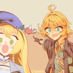 1other 2girls :o ahoge aqua_shirt artist_logo artist_name birthday black_gloves black_jacket blonde_hair blue_eyes blue_hat blush_stickers buruhas cake choker dokibird dokibird_(bounty_hunter) dokibird_(retro_doki) dokibird_(tomato) fang food gloves green_eyes grey_jacket hat highres indie_virtual_youtuber jacket logo long_hair medium_hair meme multiple_girls open_clothes open_jacket open_mouth party_hat shirt simple_background sitting skin_fang twintails two_soyjaks_pointing_(meme) upper_body virtual_youtuber