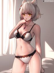 1girl absurdres animal_ear_fluff animal_ears artist_name bra breasts cat_ears cat_girl chest_jewel collarbone commentary cowboy_shot curtains grey_hair hand_on_own_chin highres indoors looking_at_viewer medium_breasts mio_(xenoblade) navel panties purple_eyes riro_(breakthrough_rr) short_hair solo stomach twitter_x_logo underwear underwear_only white_bra white_panties xenoblade_chronicles_(series) xenoblade_chronicles_3 yellow_eyes
