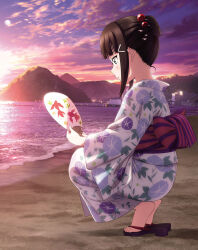 1girl alternate_hairstyle aqua_eyes artbook beach black_hair blunt_bangs blush cloud floral_print from_side hair_bun hair_ornament hairclip hairpin hand_fan highres holding holding_fan japanese_clothes kimono kurosawa_dia love_live! love_live!_sunshine!! mole mole_under_mouth mountain non-web_source obi ocean official_art outdoors paper_fan sandals sash sidelocks single_hair_bun sky solo squatting sunset uchiwa water yukata