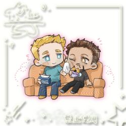 Rule 34 | 2boys, animification, arc reactor, avengers (series), black pants, black shirt, blonde hair, blue eyes, blue pants, blue shirt, blush stickers, box, brown eyes, brown hair, chibi, chibi only, closed mouth, commission, couch, donut, eating, facial hair, flying sweatdrops, food, full body, grey socks, hand up, highres, holding, holding box, holding donut, holding food, holding tissue, long sleeves, looking at another, male focus, marvel, marvel cinematic universe, multiple boys, no shoes, on couch, one eye closed, pants, shajiang144584, shirt, short hair, short sleeves, simple background, sitting, smile, socks, star (symbol), steve rogers, t-shirt, tissue, tissue box, tony stark, white background, yaoi, yellow socks