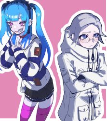 1boy 1girl amemiya_darumi aotsuki_eito black_hair black_skirt blue_eyes blue_hair blush closed_mouth crossed_arms heart jacket long_hair makeup multicolored_hair open_mouth pink_background pink_eyes pink_thighhighs pleated_skirt runny_makeup safety_pin simple_background skirt standing the_hundred_line_-last_defense_academy- thighhighs twintails white_background white_hair white_jacket
