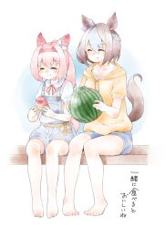 2girls animal_ears barefoot closed_eyes collarbone datemegane food fruit hairband haru_urara_(umamusume) highres holding holding_food holding_fruit holding_watermelon hood hood_down hoodie horse_ears horse_girl horse_tail long_hair multiple_girls orange_hoodie overalls pink_hair red_hairband red_ribbon ribbon shorts sitting special_week_(umamusume) tail translation_request umamusume watermelon
