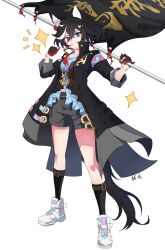1girl :d absurdres ankle_boots black_coat black_gloves black_hair black_shorts black_socks black_tail blue_eyes blue_shirt boots breasts chinese_commentary cleavage clothing_cutout coat collarbone commentary_request crossed_bangs flag full_body gloves grin hair_between_eyes half_gloves haokun38464 highres holding holding_flag horse_girl horse_tail katsuragi_ace_(umamusume) kneehighs multicolored_hair navel navel_cutout notice_lines open_clothes open_coat open_mouth pointing pointing_at_self red_gloves shirt short_hair shorts simple_background smile socks solo sparkle standing streaked_hair tail umamusume white_background white_boots white_hair