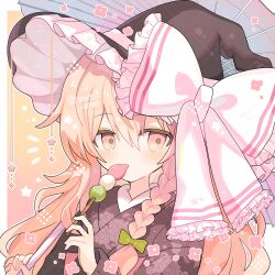 Rule 34 | 1girl, blonde hair, bow, braid, candy, commentary request, dango, eating, floral print, flower symbol, food, frills, green bow, hat, hat bow, highres, holding, holding food, holding umbrella, japanese clothes, kimono, kirisame marisa, light blush, lollipop, long hair, long sleeves, looking at viewer, oil-paper umbrella, sanshoku dango, shirocha tei, single braid, solo, star (symbol), touhou, umbrella, wagashi, white bow, witch hat, yellow eyes