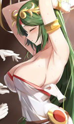 Rule 34 | 1girl, ancient greek clothes, armlet, armpits, arms up, blush, bound, bound wrists, breasts, brown background, chiton, circlet, cleavage, closed eyes, clothes pull, disembodied hand, dress, dress pull, from side, gloves, gold, greco-roman clothes, green hair, highres, jewelry, kid icarus, large breasts, long hair, master hand, nintendo, palutena, pulling another&#039;s clothes, ribbon, ribbon bondage, sideboob, solo focus, straight hair, super smash bros., sweat, tomas (kaosu22), very long hair, white dress, white gloves, yellow ribbon