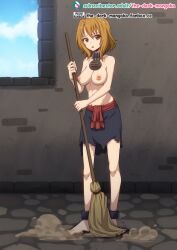 1girl breasts broom brown_eyes brown_hair collar cuffs indoors medium_breasts momioka_risa nipples shackles short_hair slave slave_clothes standing sweeping the_dark_mangaka to_love-ru topless_female window working