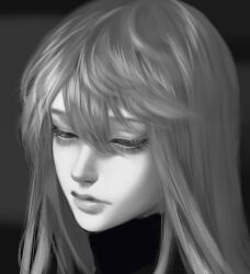 Rule 34 | 1girl, 23i2ko, aegyo sal, black eyes, expressionless, facing viewer, grey hair, greyscale, hair between eyes, hair over shoulder, highres, long hair, monochrome, original, portrait, solo, turtleneck