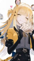 2girls :3 :t ^_^ absurdres animal_ear_fluff animal_ears black_gloves blonde_hair blush closed_eyes closed_mouth collared_shirt colored_inner_hair commentary_request eating elbow_gloves fingerless_gloves food gloves grey_shirt high-waist_shorts highres holding holding_food jacket ju_fufu long_hair multicolored_hair multiple_girls renoahh shirt short-sleeved_jacket short_sleeves shorts simple_background smile solo_focus steamed_bun striped_fur striped_hair tail tiger_ears tiger_girl tiger_stripes tiger_tail white_background yellow_jacket yi_xuan_(zenless_zone_zero) zenless_zone_zero