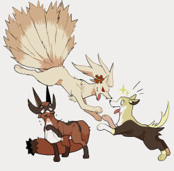 anger_vein boltund closed_mouth commentary_request fang fuku_45 gen_1_pokemon gen_8_pokemon leg_up ninetales nintendo no_humans open_mouth pokemon pokemon_(creature) red_eyes sparkle standing sweat thievul tongue tongue_out white_background