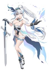 1girl absurdres ahoge armlet armpits bare_shoulders black_gloves black_leotard blue_eyes blue_hair breasts bright_pupils cleavage clothing_cutout commentary_request commission cone_(arca_live) detached_collar full_body gloves highleg highleg_leotard highres holding holding_sword holding_weapon jewelry korean_commentary leotard long_hair looking_at_viewer medium_breasts micro_shorts multicolored_hair navel open_mouth original outstretched_arm ponytail revealing_clothes second-party_source shoes shorts smile solo stomach stomach_cutout strapless strapless_leotard sword thighs two-tone_hair very_long_hair weapon white_hair white_shorts