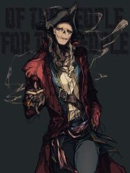 1boy black_hair black_sclera chest_belt cigarette coat collar collarbone colored_sclera cowboy_shot fallout fallout_76 flesh frilled_collar frills ghoul_(fallout) grey_background hat highres holding holding_cigarette juerucj long_sleeves male_focus no_nose pirate pirate_hat pov pov_hands red_coat smoke smoking solo source_quote tricorne