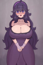 Rule 34 | 1girl, @ @, bare shoulders, blush, breasts, cleavage, dress, female focus, genki2d, hex maniac (pokemon), highres, huge breasts, long hair, looking at viewer, matching hair/eyes, nail polish, nintendo, off-shoulder dress, off shoulder, pokemon, pokemon xy, purple eyes, purple hair, solo, sweat