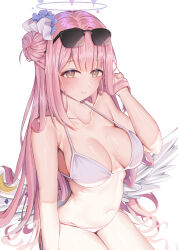 1girl absurdres angel_wings bikini blue_archive commentary_request eyewear_on_head hair_bun hair_ornament halo highres long_hair looking_at_viewer mika_(blue_archive) moriyama_a navel pink_hair simple_background single_side_bun solo stomach sunglasses swimsuit thighs very_long_hair wet white_background white_bikini wings yellow_eyes