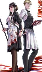 Rule 34 | 1boy, 1girl, apron, black bow, black bowtie, black dress, black hair, black pants, black thighhighs, black vest, blonde hair, blood, blood on cheek, blood on clothes, bloody knife, blue eyes, bow, bowtie, breasts, closed mouth, collared shirt, commentary, copyright name, dress, english commentary, feet out of frame, hand in pocket, henoopd, highres, holding, holding knife, holding mop, holding plate, juliet sleeves, knife, lips, long hair, long sleeves, looking to the side, maid, maid apron, maid headdress, medium breasts, mop, pants, parted lips, pink lips, plate, puffy sleeves, red eyes, red nails, shirt, short hair, sidelocks, simple background, spy x family, standing, thighhighs, twilight (spy x family), vest, white apron, white background, white headdress, white shirt, yor briar