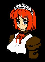 1girl apron black_background blue_eyes bow brown_dress dress gurfha4 highres hisui_(tsukihime) light_smile long_sleeves looking_at_viewer maid maid_apron maid_headdress pixel_art portrait puffy_sleeves red_bow red_hair short_hair solo tsukihime white_apron
