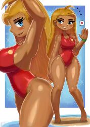 1girl ahoge arms_up barefoot beach blonde_hair blue_background blue_eyes blush breasts cleavage collarbone dark_skin disney grin heart highleg highleg_one-piece_swimsuit large_breasts lifeguard lifeguard_(lilo_&amp;_stitch) lilo_&amp;_stitch long_hair looking_at_viewer multiple_views ocean one-piece_swimsuit red_one-piece_swimsuit sand smile sparkle speech_bubble spoken_heart standing swimsuit teeth thick_thighs thighs tony_welt watch water waving wide_hips wristwatch