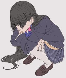 1girl black_hair black_jacket blue_skirt bow bowtie braid closed_eyes crossed_legs half_up_braid highres jacket kamatama_rom loafers long_hair miniskirt nijisanji pink_bow pink_bowtie plaid_clothes plaid_skirt pleated_skirt shoes simple_background skirt solo squatting thighhighs tsukino_mito tsukino_mito_(1st_costume) virtual_youtuber white_background white_thighhighs