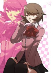 Rule 34 | 1girl, artist name, black skirt, black thighhighs, bow, bowtie, brown eyes, brown hair, cardigan, checkered background, choker, commentary, earrings, feet out of frame, flipped hair, frosty neo1, gekkoukan high school uniform, hand up, highres, jewelry, long sleeves, looking at viewer, miniskirt, parted lips, pearl earrings, persona, persona 3, pink cardigan, pink lips, pleated skirt, red bow, red bowtie, ribbed cardigan, school uniform, short hair, sitting, skirt, solo, stud earrings, swept bangs, takeba yukari, thighhighs, white choker, zettai ryouiki, zipper