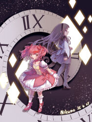 2girls absurdres akemi_homura argyle_clothes argyle_footwear back-to-back black_boots black_capelet black_hairband boots bow bowtie bubble_skirt buttons capelet center_frills chest_jewel choker clenched_hands clock closed_mouth collarbone collared_capelet cross-laced_shoes diamond_(shape) dress dress_bow expressionless eyelashes floating_clothes floating_hair footwear_bow frilled_dress frilled_skirt frilled_sleeves frilled_socks frills full_body gem gloves grey_hair hair_bow hairband high_collar high_heel_boots high_heels highres kaname_madoka kneehighs layered_sleeves long_hair long_sleeves magical_girl mahou_shoujo_madoka_magica mahou_shoujo_madoka_magica_(anime) mikumo_maru miniskirt multiple_girls open_mouth pink_dress pink_eyes pink_gemstone pink_hair pleated_skirt pointy_nose puffy_short_sleeves puffy_sleeves pumps purple_bow purple_bowtie purple_capelet purple_eyes purple_skirt red_bow red_choker red_shoes shoes short_dress short_hair short_sleeves short_twintails skirt skirt_under_dress socks space square_neckline standing star_(sky) straight_hair thigh_boots twintails two-tone_capelet very_long_hair white_dress white_gloves white_skirt white_sleeves white_socks
