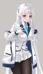 1girl absurdres black_pajamas blue_archive blue_necktie blush closed_mouth collared_shirt emduck grey_background grey_hair highres jacket long_hair looking_at_viewer necktie noa_(blue_archive) pajamas pleated_skirt purple_eyes shirt simple_background skirt solo thick_thighs thighs two-sided_fabric two-sided_jacket white_jacket white_shirt white_skirt