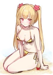 1girl absurdres adapted_costume arihara_nanami arm_at_side bare_shoulders beach between_legs bikini blonde_hair blush breasts cleavage closed_mouth collarbone commentary_request crab flower full_body furrowed_brow gold_bikini hair_between_eyes hair_flower hair_ornament halterneck hand_between_legs highres large_breasts long_hair looking_at_viewer navel ocean official_alternate_hairstyle outdoors red_eyes red_flower riddle_joker shy side-tie_bikini_bottom sitting sketch solo straight_hair swimsuit thighs twintails twitter_username tyama_taka very_long_hair wavy_mouth yokozuwari