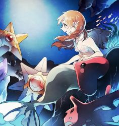 1girl bad_id bad_pixiv_id bikini breasts clam corsola creatures_(company) earrings female_focus from_side game_freak gen_1_pokemon gen_2_pokemon gen_3_pokemon green_eyes hair_ornament jewelry long_hair luvdisc mermaid mermaid_costume mermaid_misty_(pokemon) misty_(pokemon) monofin monster_girl naoko_(juvenile) navel necklace nintendo orange_hair pokemon pokemon_(anime) pokemon_(classic_anime) profile red_hair seashell shell shell_bikini smile solo_focus star_(symbol) starmie staryu swimsuit underwater water