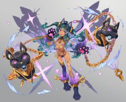Rule 34 | 1girl, animal ears, animal hands, bikini, body markings, breasts, cat ears, chain, character request, commentary request, dark-skinned female, dark skin, familiar, full body, gloves, green hair, heart pasties, long hair, looking at viewer, navel, official art, pasties, paw gloves, paw shoes, purple eyes, sennen sensou aigis, small breasts, smile, solo, staff, swimsuit, thighhighs, tomonao