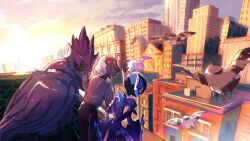 1boy amethio_(pokemon) bird black_gloves black_pants building ceruledge commentary_request copituji corviknight day gen_5_pokemon gen_8_pokemon gloves grey_shirt hand_up highres leaning long_sleeves male_focus nintendo outdoors pants petting pidove pokemon pokemon_(anime) pokemon_(creature) pokemon_horizons shirt short_hair window