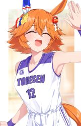 2girls absurdres animal_ears arm_up armpits basketball_uniform blurry blurry_background blush border breasts closed_eyes clover_hair_ornament commentary_request ear_covers flipped_hair four-leaf_clover_hair_ornament hair_between_eyes hair_ornament high_five highres horse_ears horse_girl horse_tail jersey matikanefukukitaru_(umamusume) medium_breasts multiple_girls nerukichikatafukuma open_mouth orange_hair outside_border shirt shorts single_ear_cover sleeveless sleeveless_shirt smile solo_focus sportswear tail umamusume white_border white_shirt white_shorts wristband