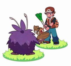 Rule 34 | 1boy, backpack, bag, bandaged head, bandages, black eyes, black shirt, brown hair, closed mouth, crying, farfetch&#039;d, food, gen 1 pokemon, grass, hat, highres, holding, holding food, holding spring onion, holding vegetable, male focus, nintendo, orange bag, pants, pokemon, pokemon (creature), pokemon frlg, red (pokemon), red hat, red vest, shirt, shoes, short hair, short sleeves, spring onion, standing, streaming tears, sweat, t-shirt, tears, tyako 089, vegetable, venonat, vest, wristband