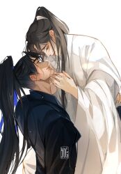 2boys black_hair black_hanfu blue_eyes blue_ribbon brown_hair carrying carrying_person chinese_clothes chu_wanning closed_eyes closed_mouth commentary crying english_commentary erha_he_tadebai_mao_shizun fern_arts hair_ribbon hands_on_another&#039;s_face hanfu high_ponytail highres long_hair long_sleeves male_focus mo_ran multiple_boys ponytail ribbon simple_background smile tears upper_body white_background white_hanfu wide_sleeves yaoi