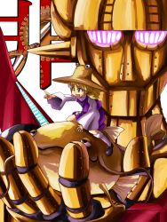 1girl blonde_hair catfish female_focus fish hat hisou_tensoku mecha moriya_suwako namazu_(touhou) robot short_hair solo touhou touhou_hisoutensoku yafu yellow_eyes