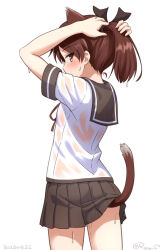 1girl animal_ears brown_eyes brown_hair brown_sailor_collar brown_skirt cat_ears cat_tail cowboy_shot dress from_behind holding holding_own_hair kantai_collection looking_at_viewer looking_back one-hour_drawing_challenge pleated_dress ponytail ray.s sailor_collar sailor_shirt school_uniform serafuku shikinami_(kancolle) shirt short_hair simple_background skirt solo standing tail wet wet_clothes white_background white_shirt