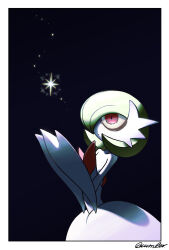 1girl artist_name backless_dress backless_outfit bags_under_eyes bare_shoulders black_background bob_cut border closed_mouth colored_skin cucumber_(wanton9cum) dot_mouth dress elbow_gloves empty_eyes female_focus flat_chest from_side gardevoir gen_3_pokemon glint gloves glowing green_hair hair_over_one_eye hands_up light_particles looking_up mega_gardevoir mega_pokemon nintendo one_eye_covered own_hands_together pokemon pokemon_(creature) red_eyes short_hair signature simple_background solo standing strapless strapless_dress upper_body white_border white_gloves white_skin