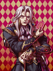 1boy black_jacket bracelet card checkered_background dice facial_scar final_fantasy final_fantasy_vi jacket jewelry kagelow long_hair long_sleeves looking_at_viewer male_focus playing_card popped_collar purple_eyes scar scar_across_eye scar_on_cheek scar_on_face setzer_gabbiani smile solo white_hair